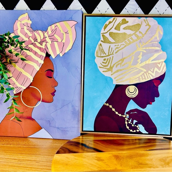 Large Portrait Art Set – Two Elegant Women Headwraps Gold Accents - 20” & 18” - Picture 5 of 14
